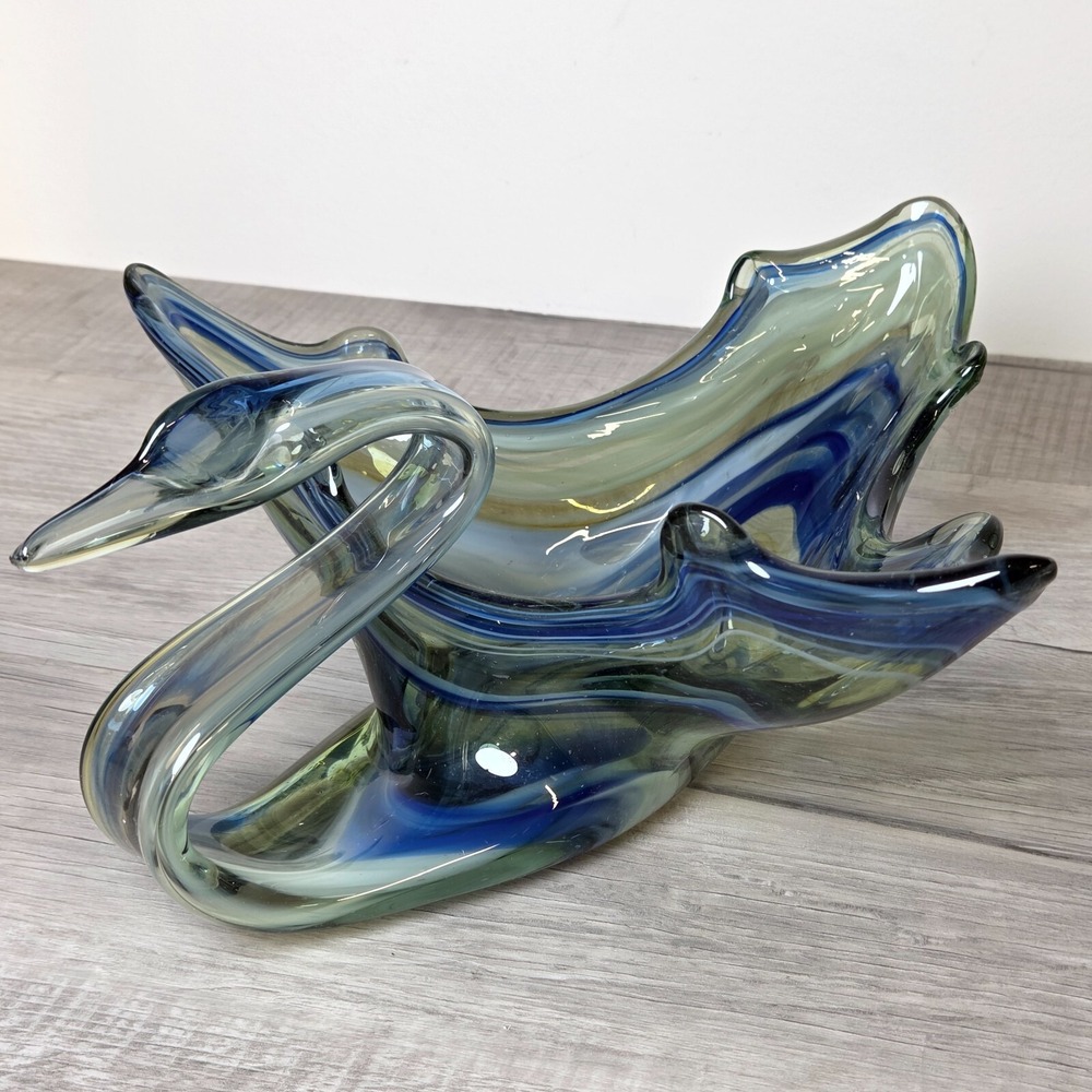 Vintage Hand Blown Blue Swirl Sooner Art Glass Swan Bowl 14" Long Large